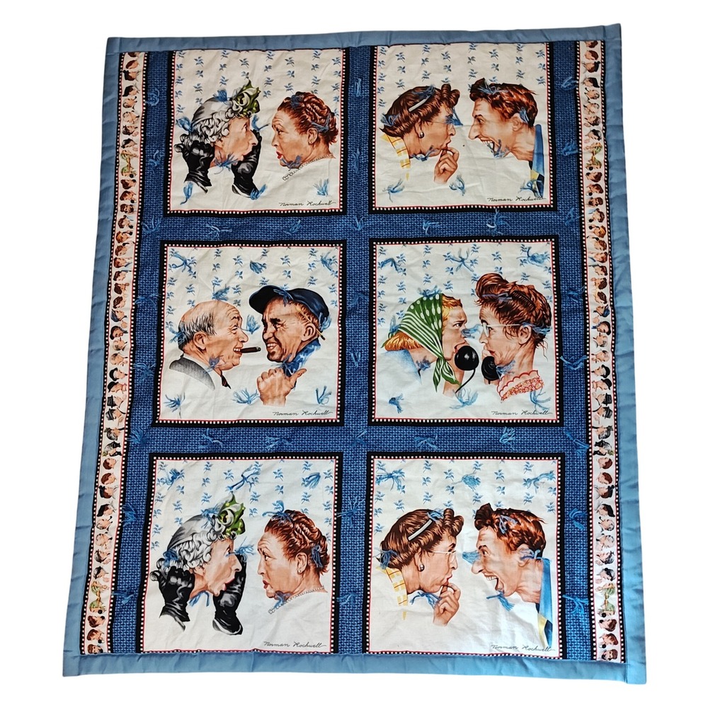 Norman Rockwell Tied Quilt wall hanging 51x43 Blue The Gossip Americana Folk Art